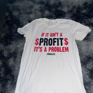 White Graphic T-Shirt with Red and Black Text